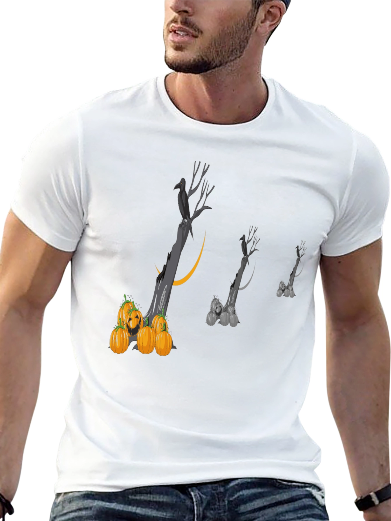 Spooky Halloween T-Shirt with Raven and Pumpkins