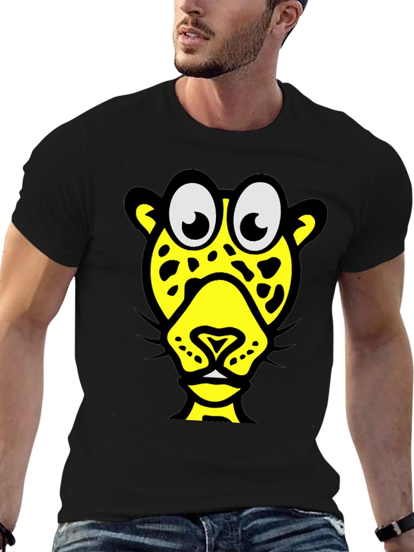 Funky Cartoon Leopard Graphic Tee - Black