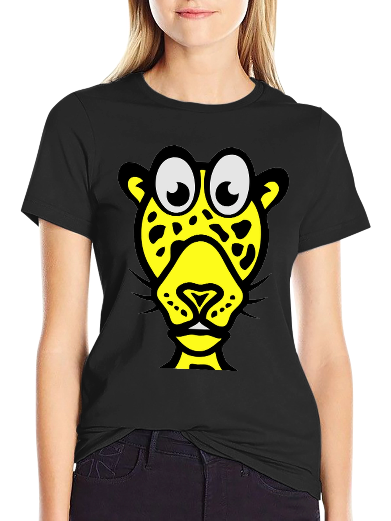 Funky Cartoon Leopard Graphic Tee - Black