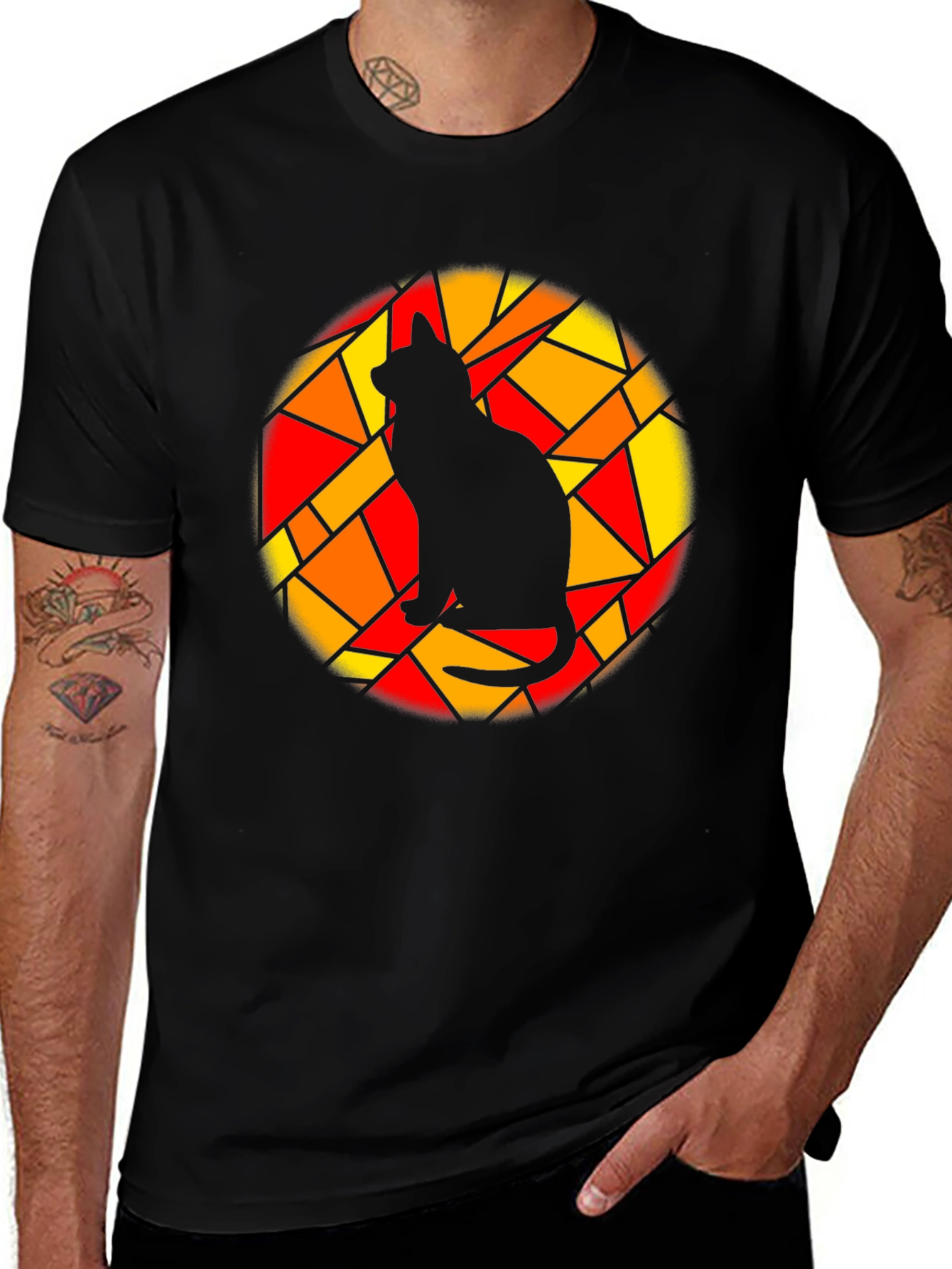 Stained Glass Cat Graphic Tee - Black Cotton T-Shirt