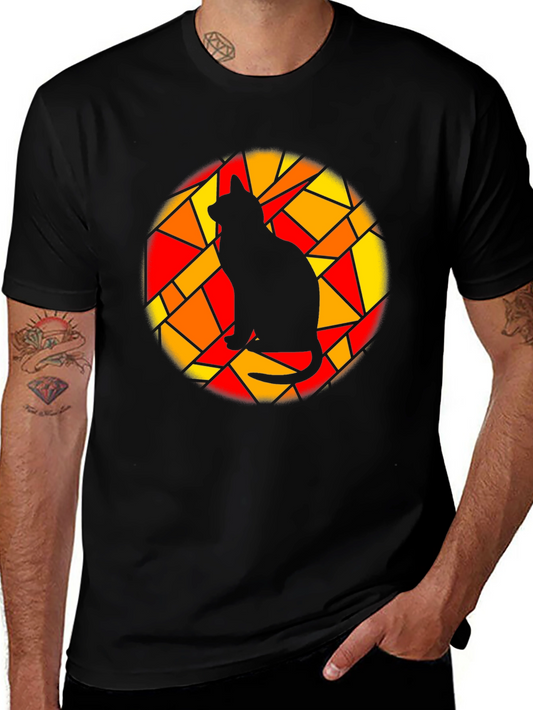 Stained Glass Cat Graphic Tee - Black Cotton T-Shirt