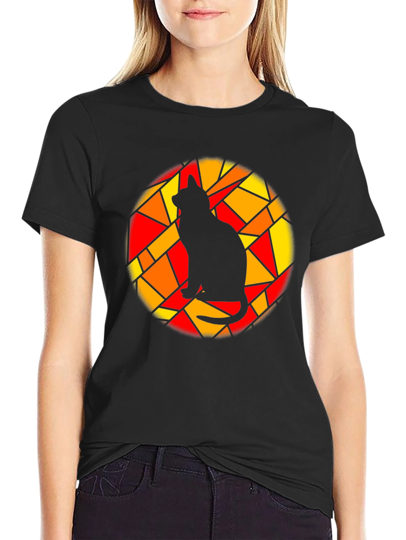 Stained Glass Cat Graphic Tee - Black Cotton T-Shirt