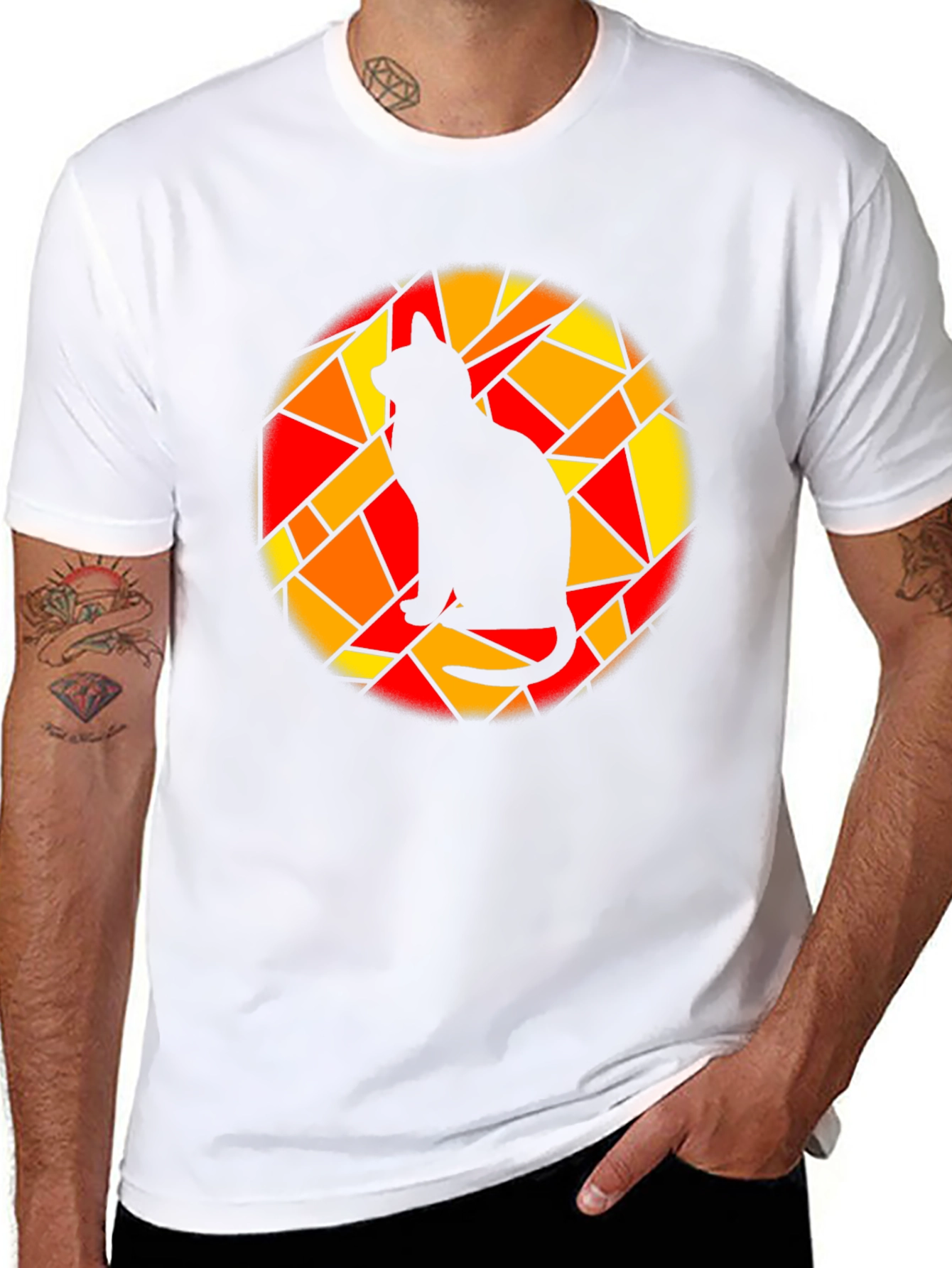 Stained Glass Cat Graphic Tee - Black Cotton T-Shirt