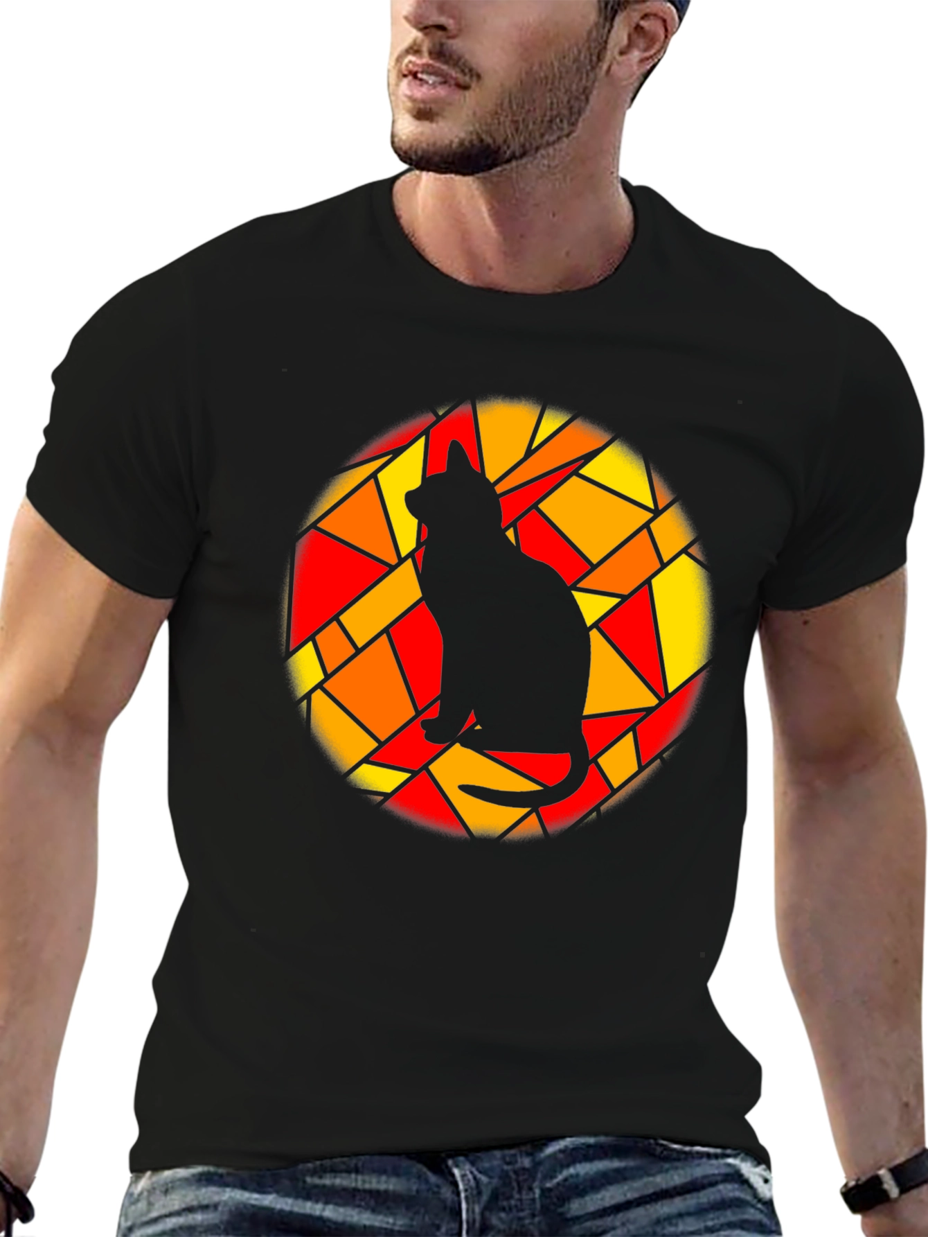 Stained Glass Cat Graphic Tee - Black Cotton T-Shirt