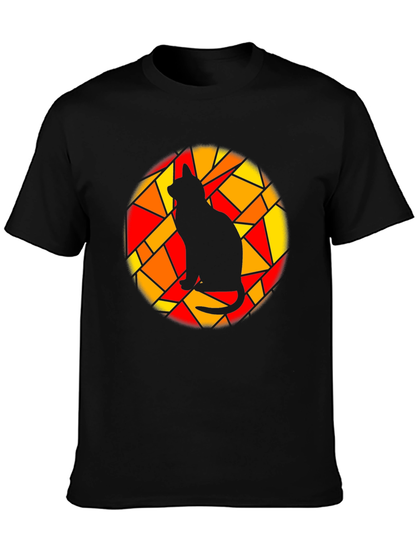 Stained Glass Cat Graphic Tee - Black Cotton T-Shirt