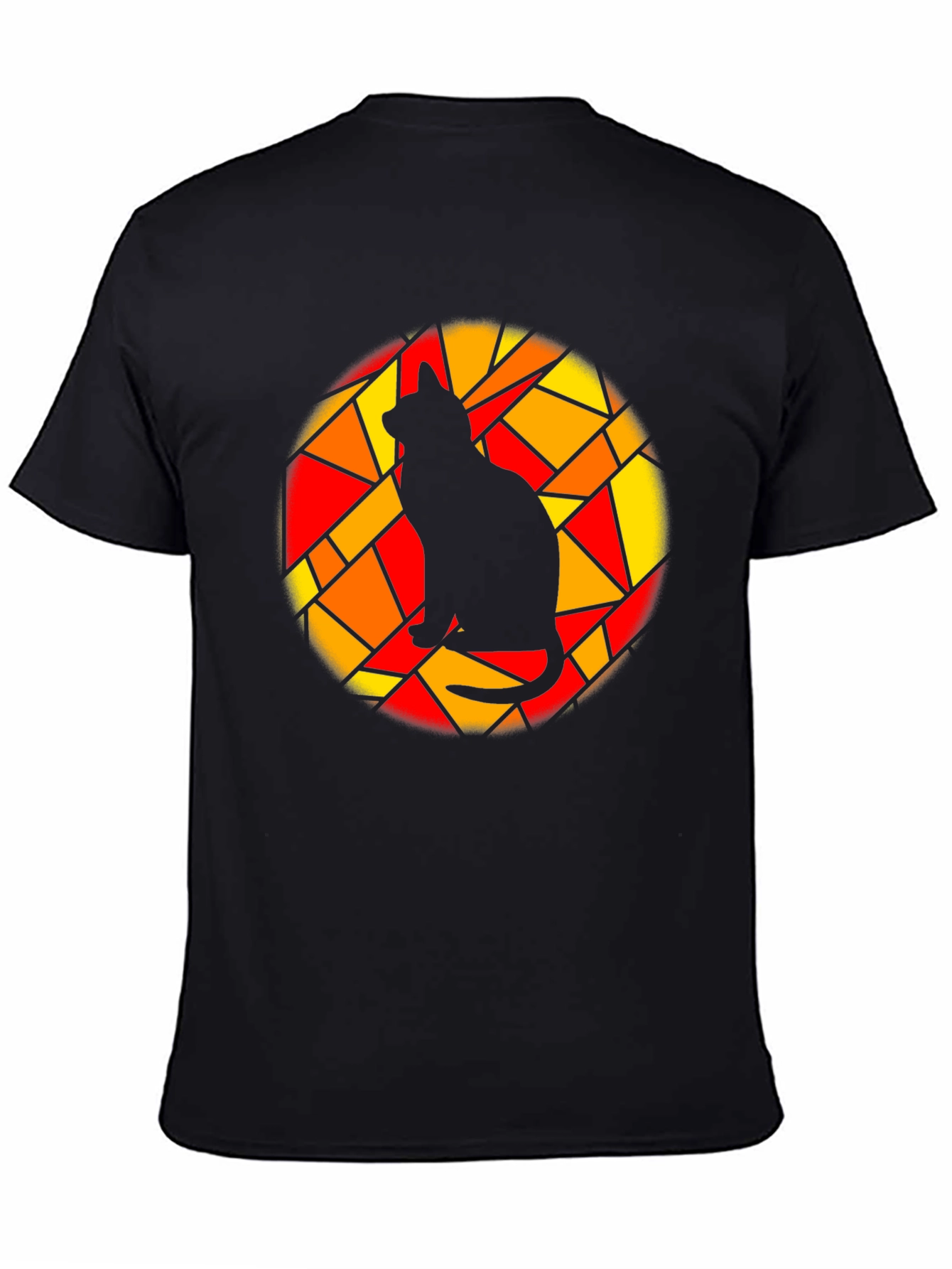 Stained Glass Cat Graphic Tee - Black Cotton T-Shirt