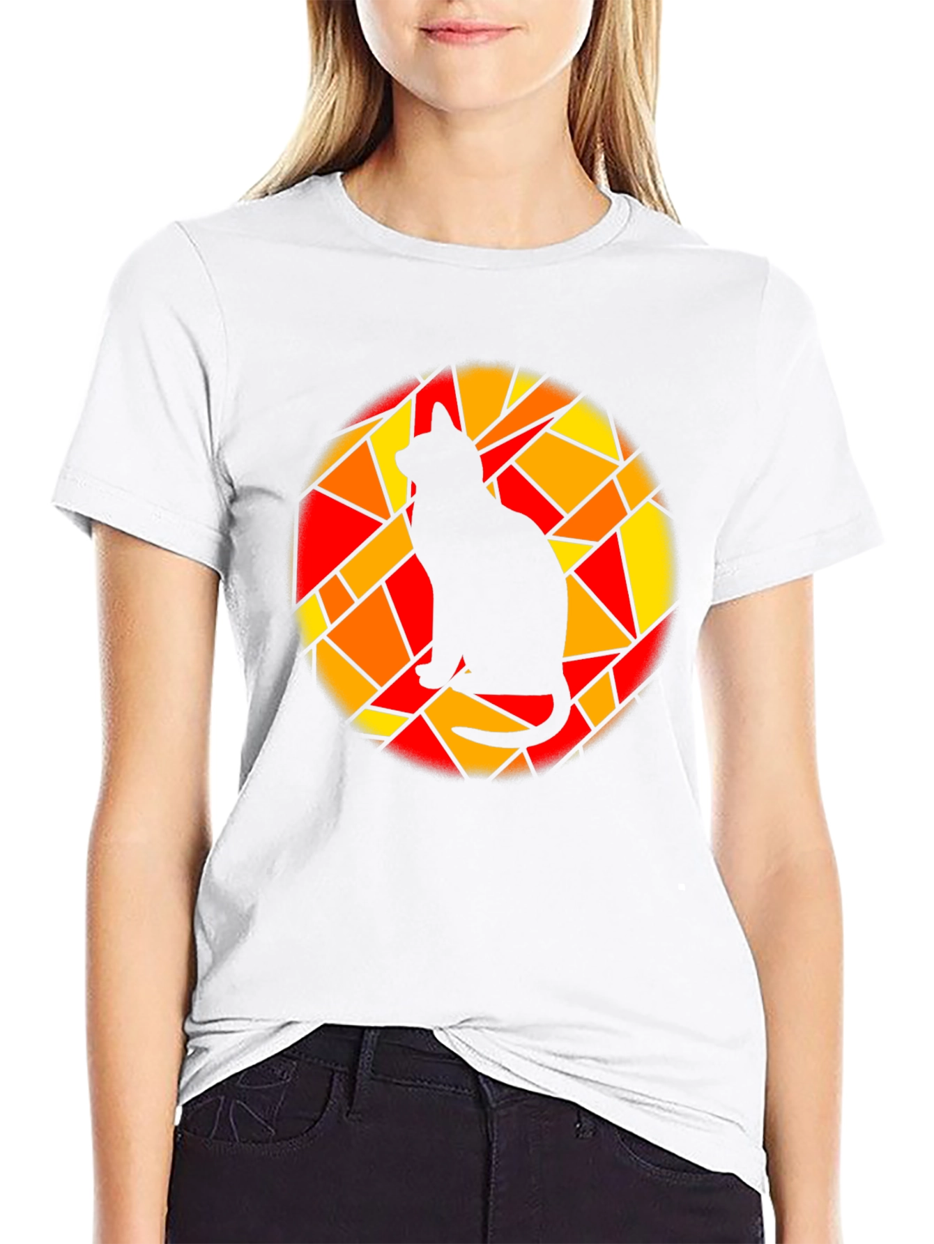 Stained Glass Cat Graphic Tee - Black Cotton T-Shirt