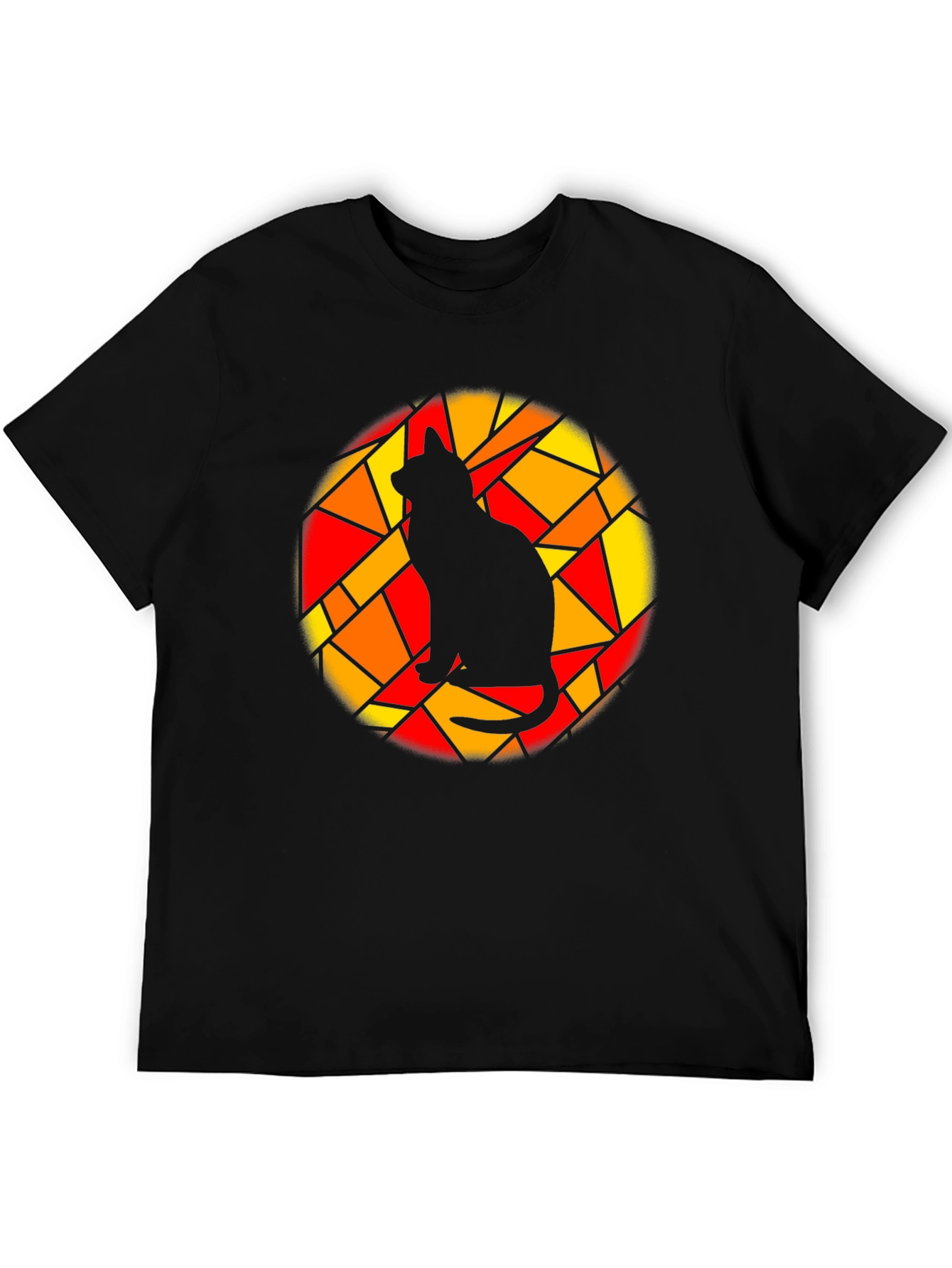 Stained Glass Cat Graphic Tee - Black Cotton T-Shirt