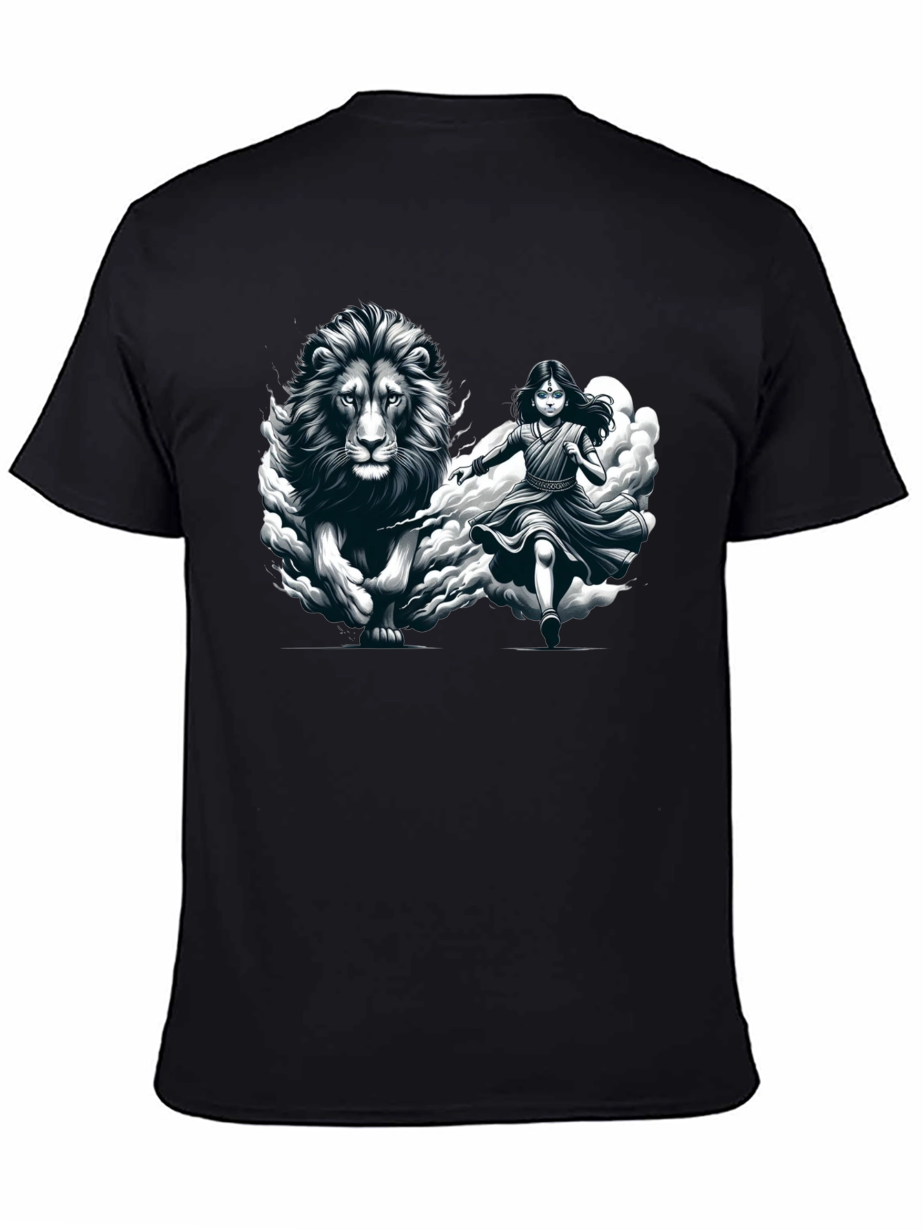 Lion & Girl Graphic Print Black T-Shirt