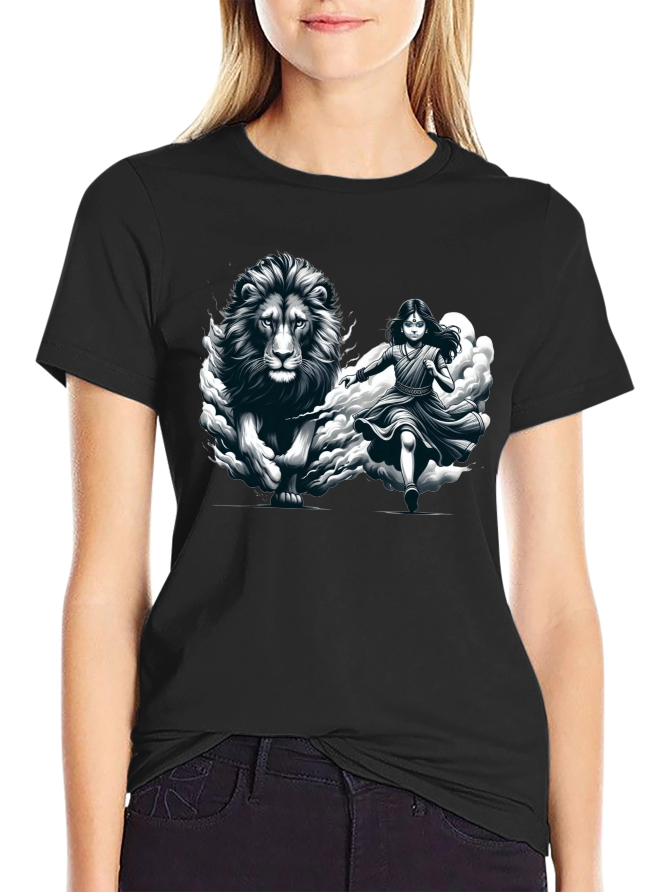 Lion & Girl Graphic Print Black T-Shirt