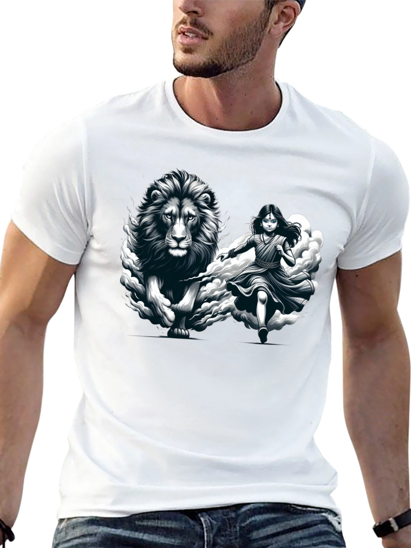Lion & Girl Graphic Print Black T-Shirt