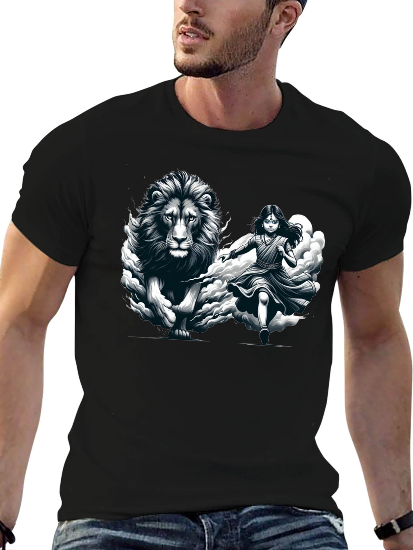 Lion & Girl Graphic Print Black T-Shirt