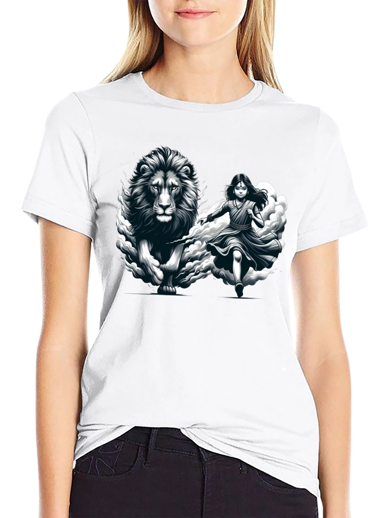 Lion & Girl Graphic Print Black T-Shirt