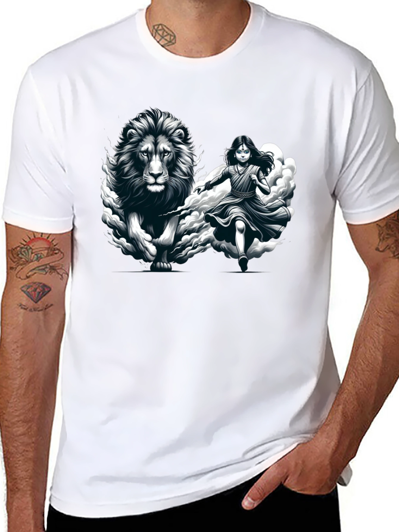 Lion & Girl Graphic Print Black T-Shirt