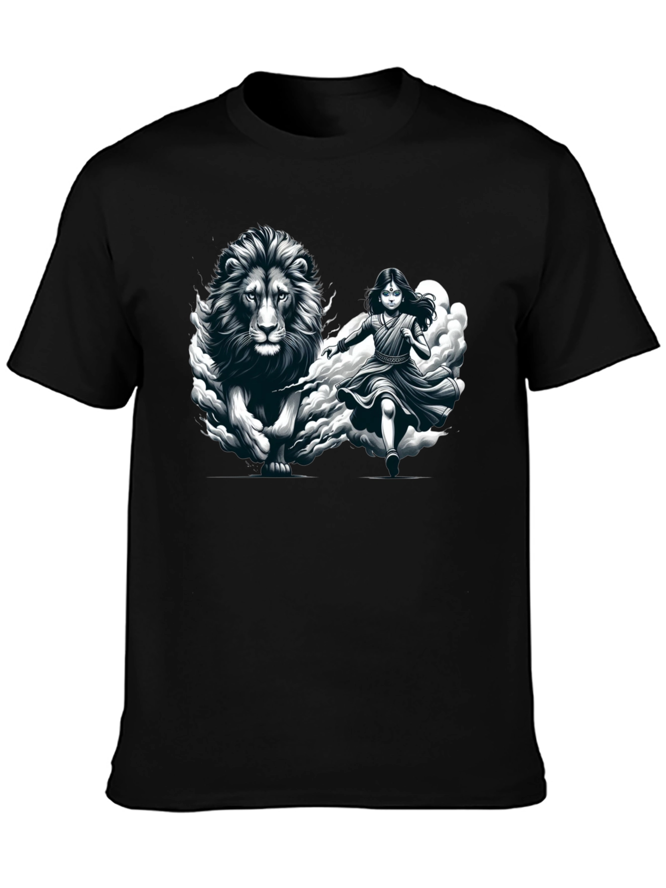 Lion & Girl Graphic Print Black T-Shirt