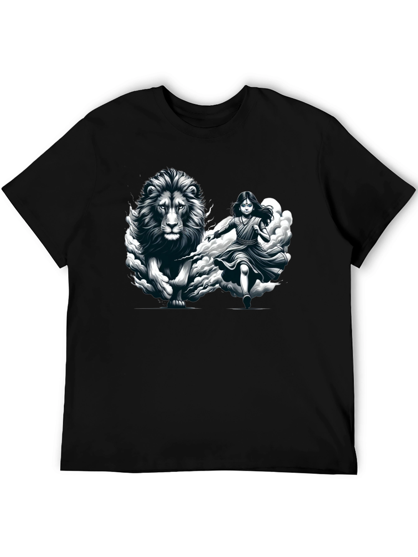 Lion & Girl Graphic Print Black T-Shirt
