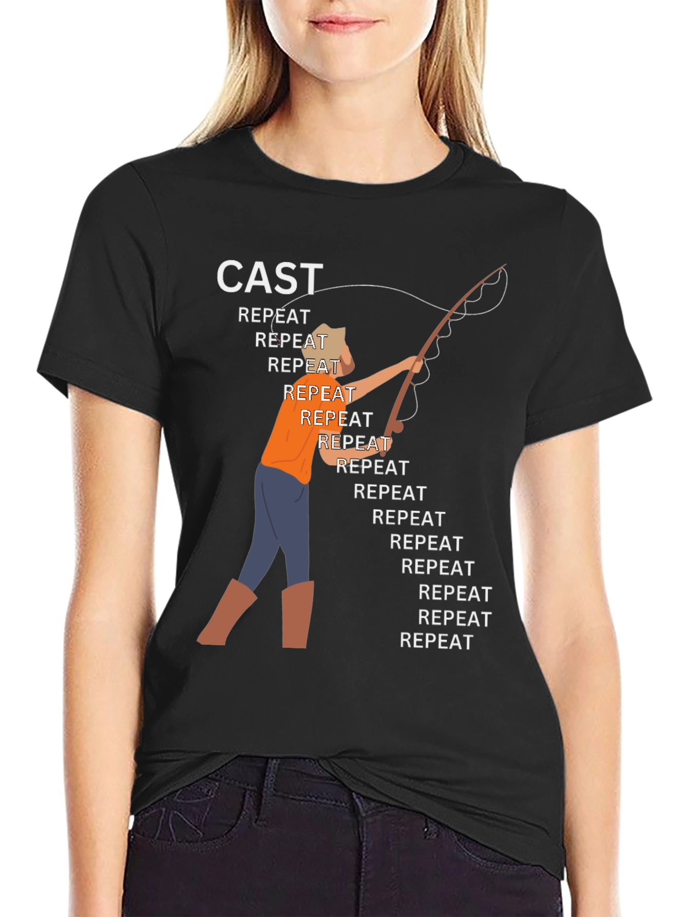 Cast Repeat Funny Fishing Graphic T-Shirt