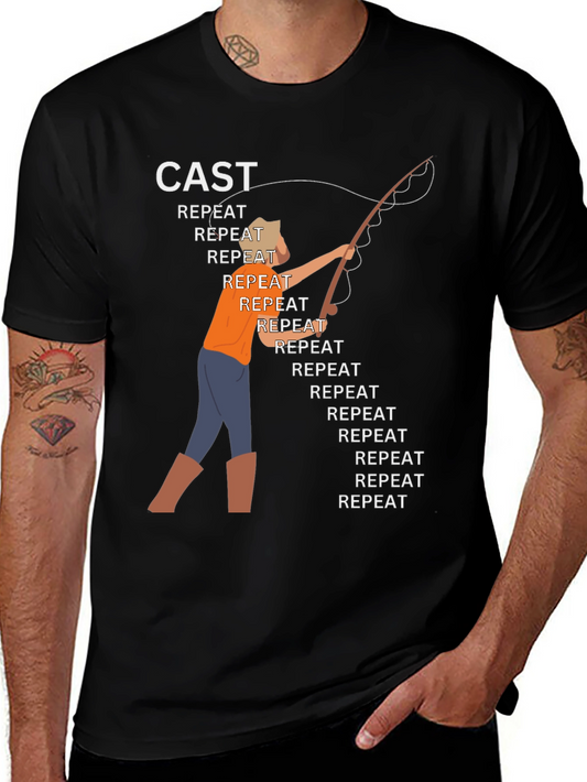 Cast Repeat Funny Fishing Graphic T-Shirt