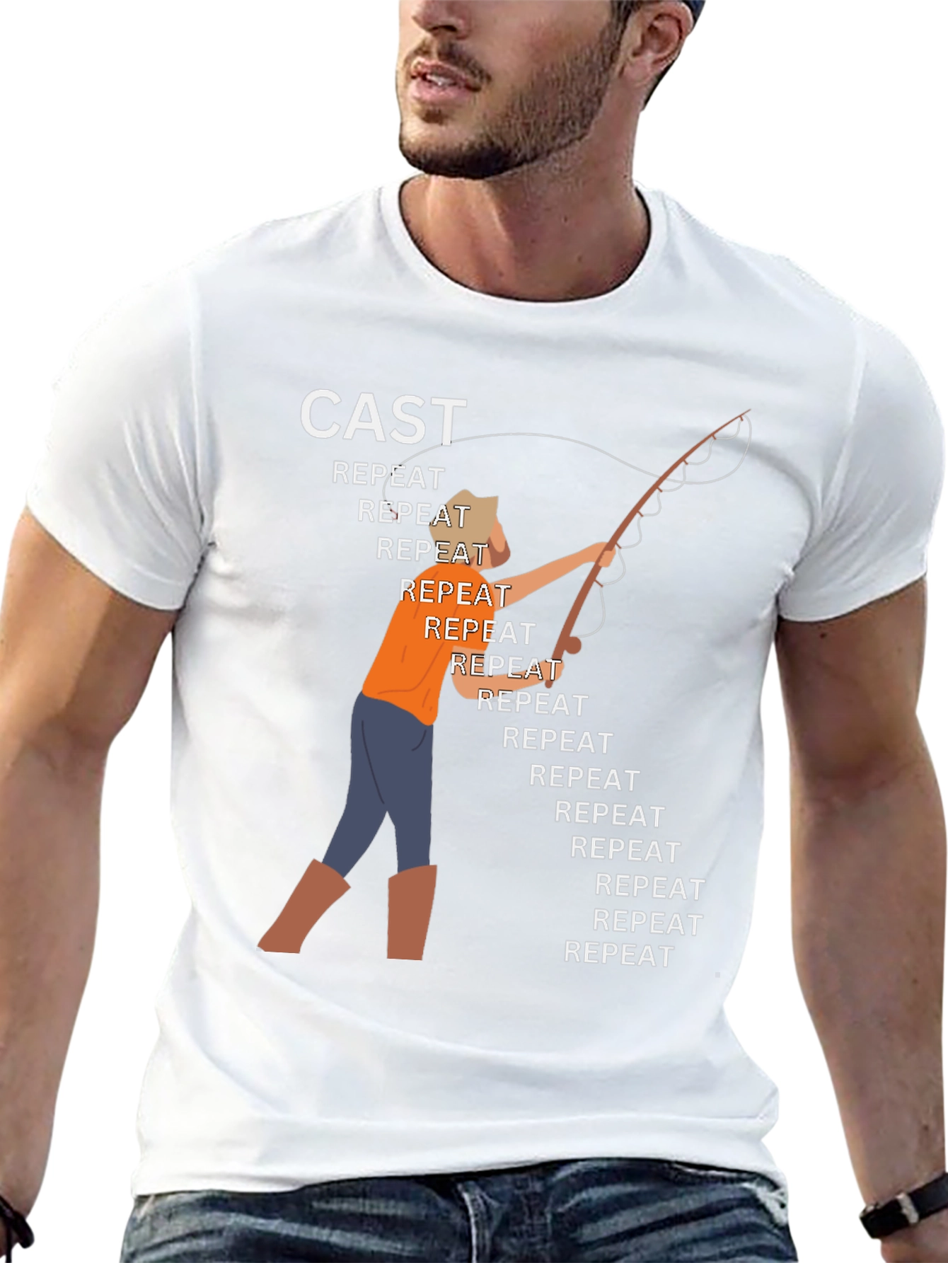 Cast Repeat Funny Fishing Graphic T-Shirt