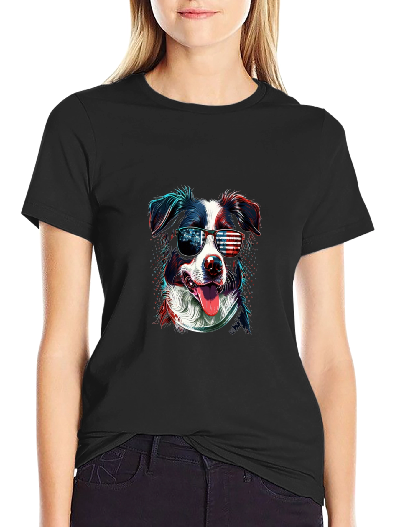 Patriotic Dog Graphic Tee - American Flag Sunglasses