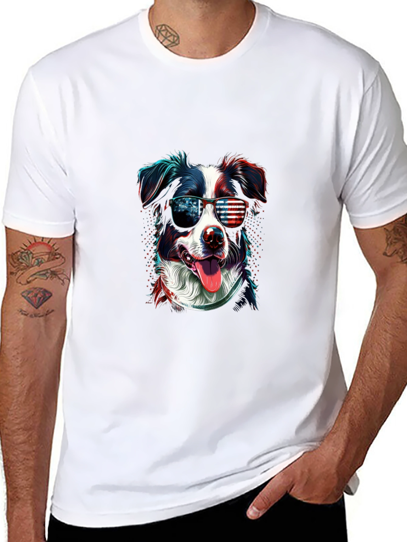 Patriotic Dog Graphic Tee - American Flag Sunglasses