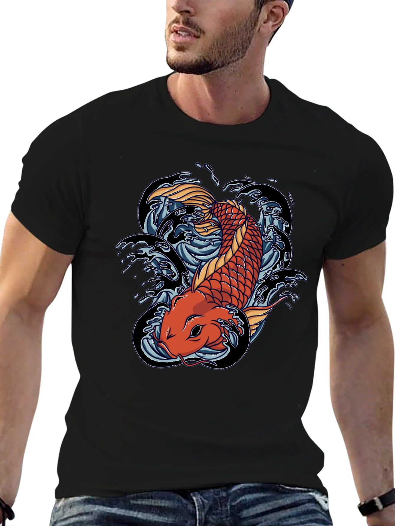 Koi Fish Graphic Tee - Black Cotton T-Shirt