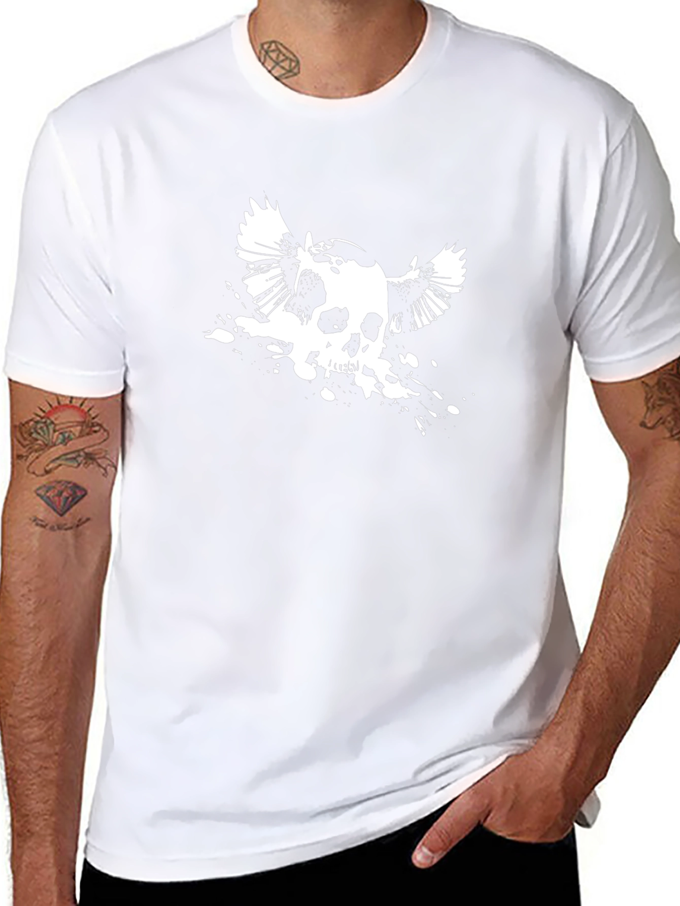 Mens Black T-Shirt with Winged Skull Design