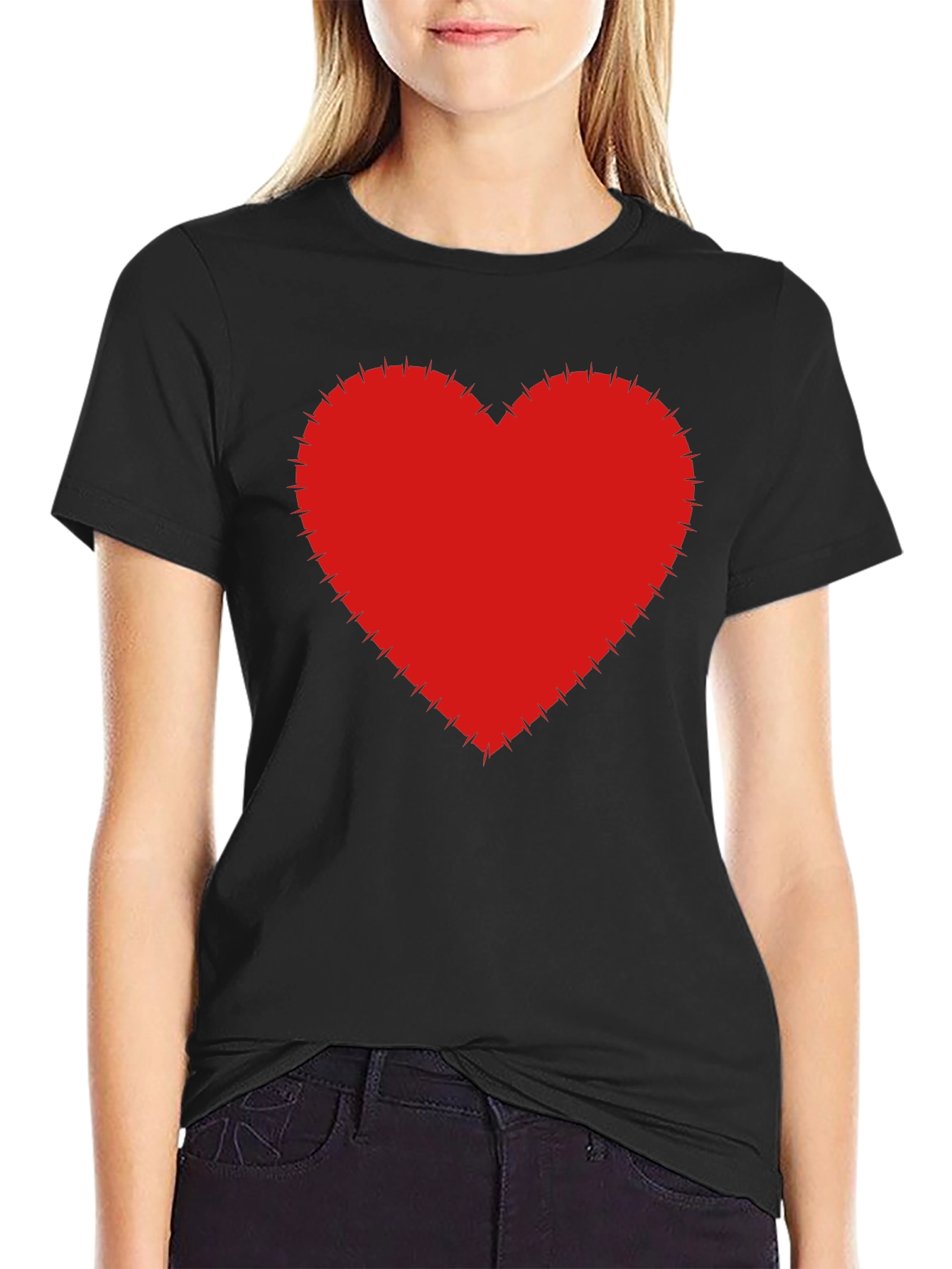 Red Heart Stitched Black T-Shirt