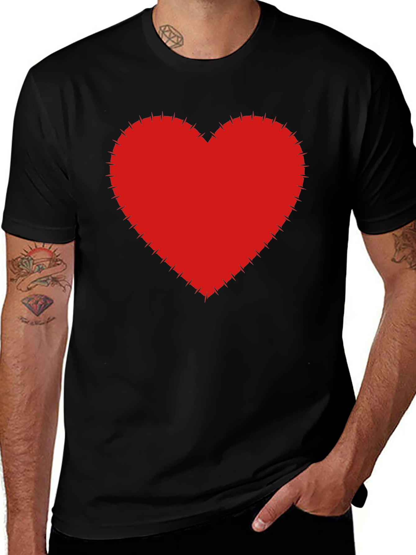 Red Heart Stitched Black T-Shirt