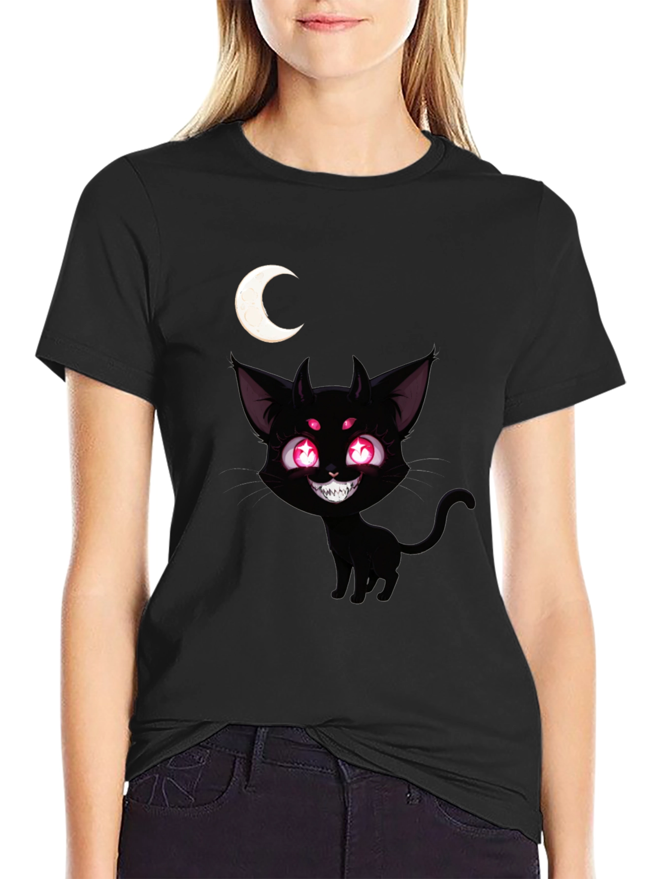 Creepy Cute Black Cat Moon Graphic Tee