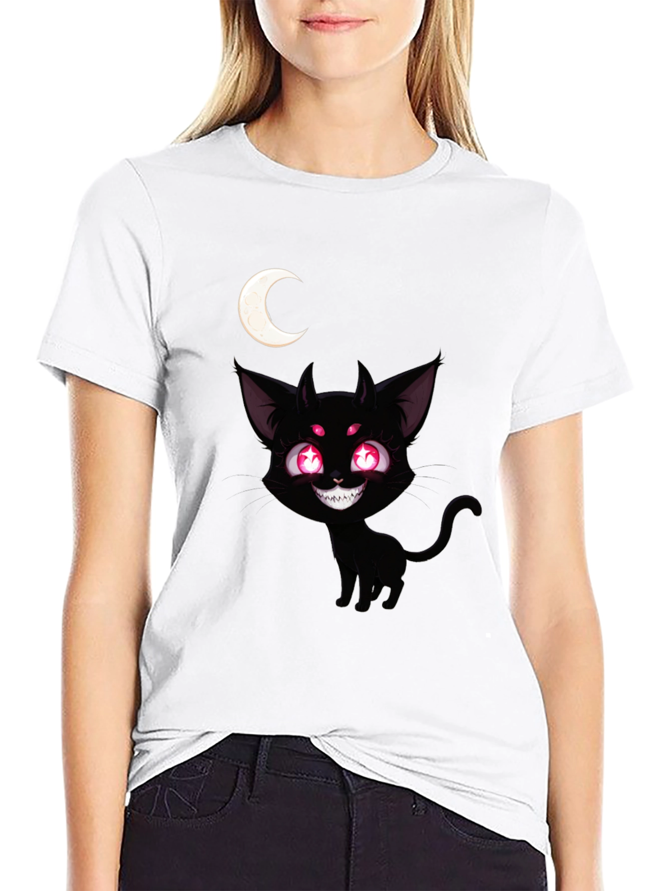 Creepy Cute Black Cat Moon Graphic Tee