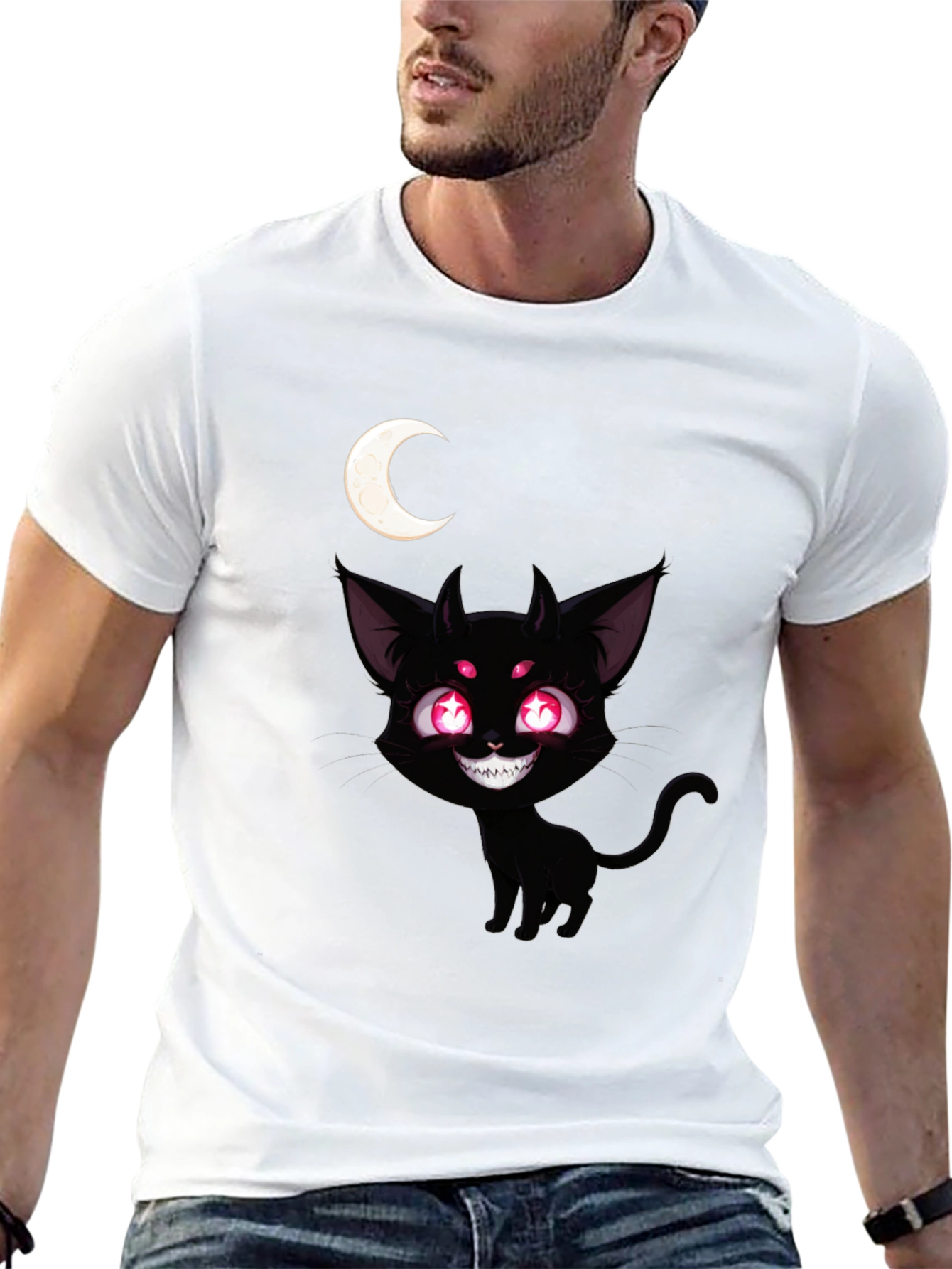 Creepy Cute Black Cat Moon Graphic Tee