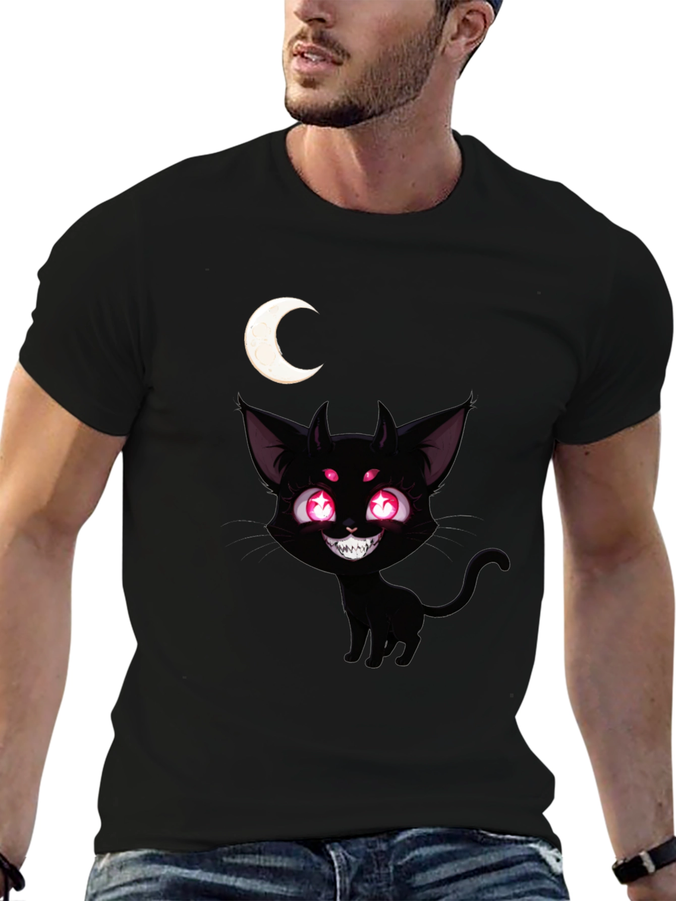 Creepy Cute Black Cat Moon Graphic Tee