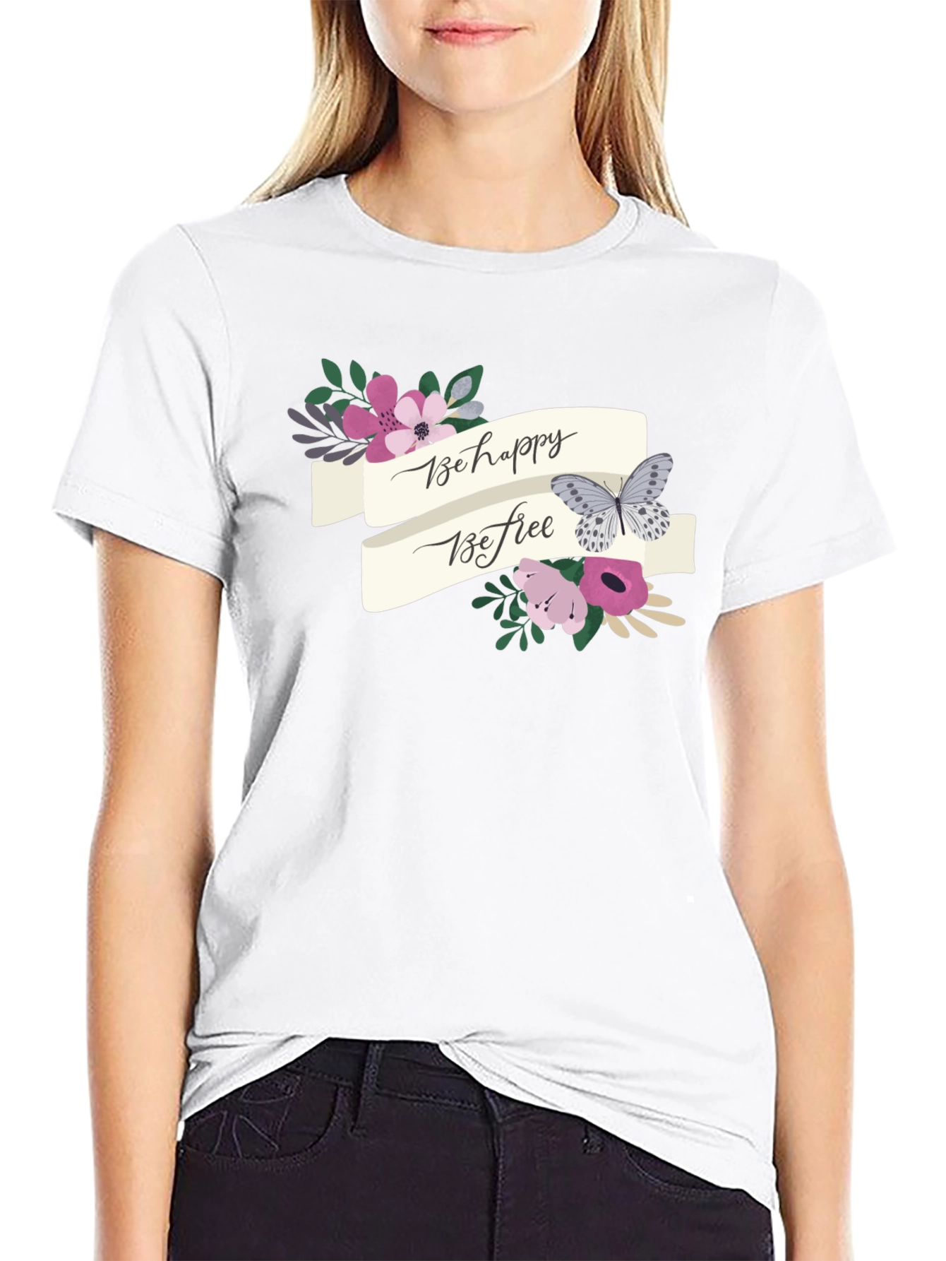 Be Happy Be Free Floral Butterfly Graphic Tee