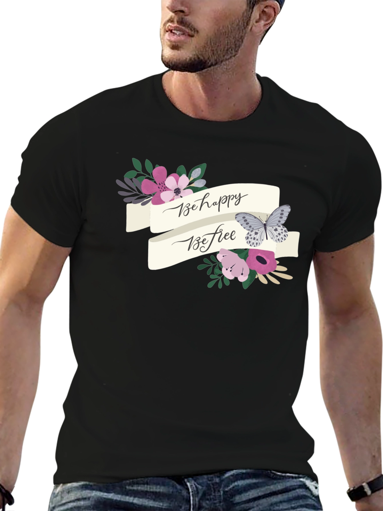 Be Happy Be Free Floral Butterfly Graphic Tee