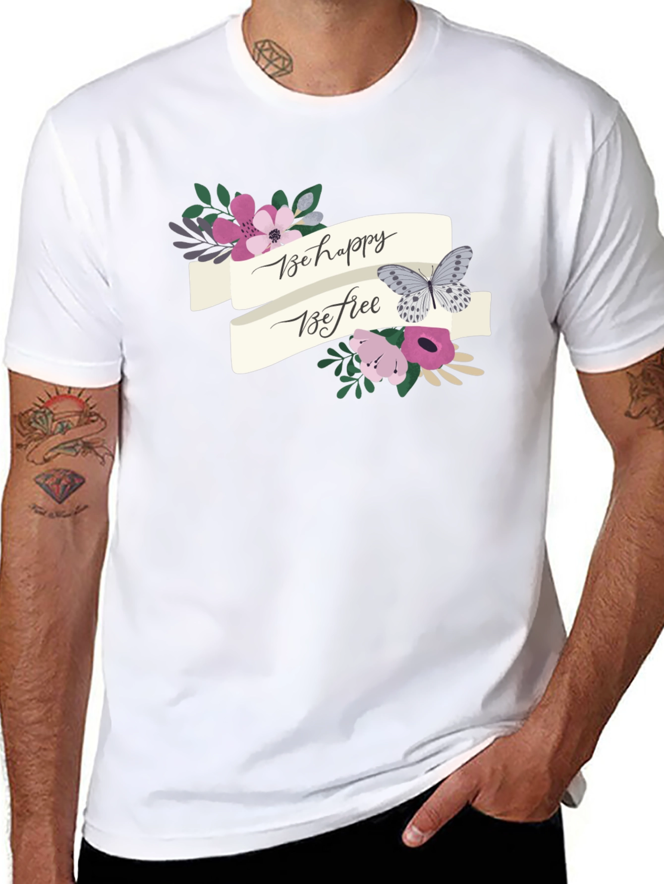 Be Happy Be Free Floral Butterfly Graphic Tee