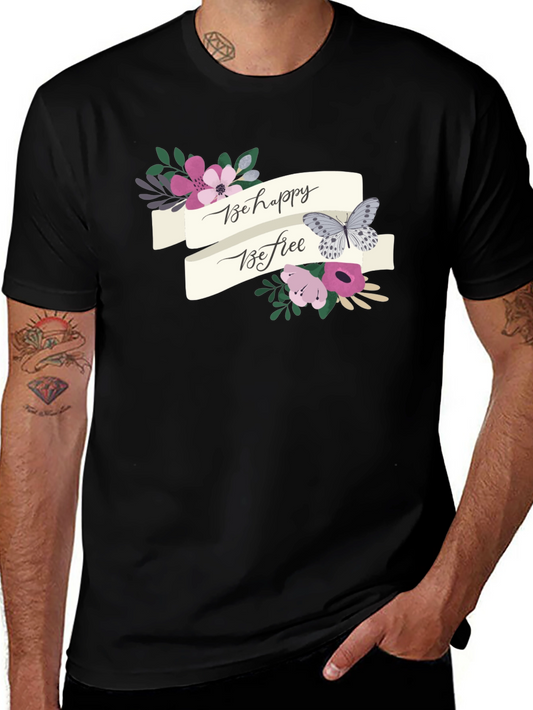 Be Happy Be Free Floral Butterfly Graphic Tee