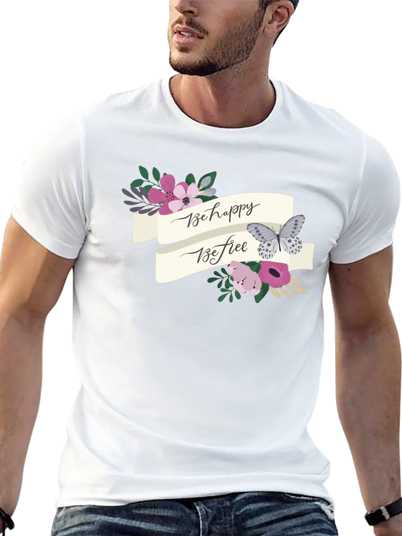 Be Happy Be Free Floral Butterfly Graphic Tee