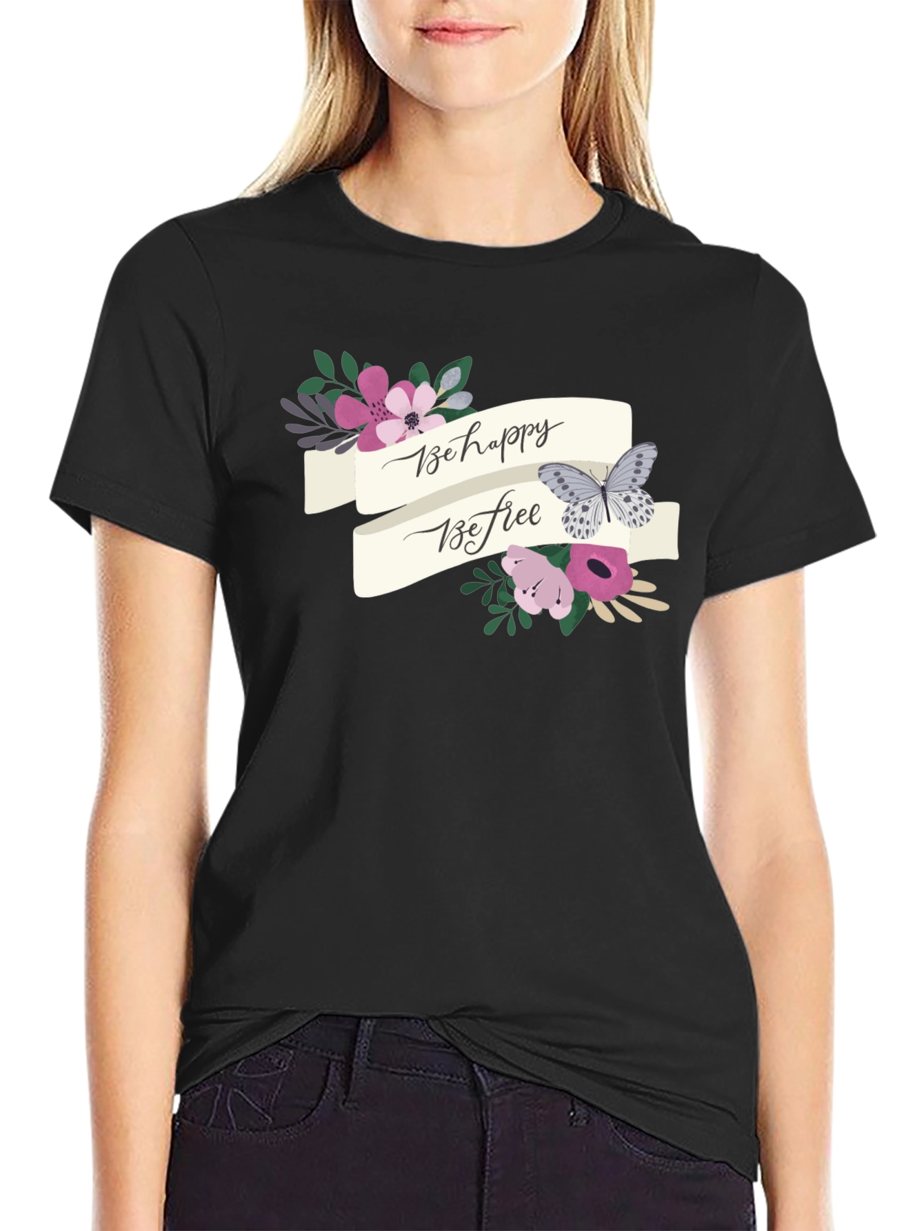 Be Happy Be Free Floral Butterfly Graphic Tee