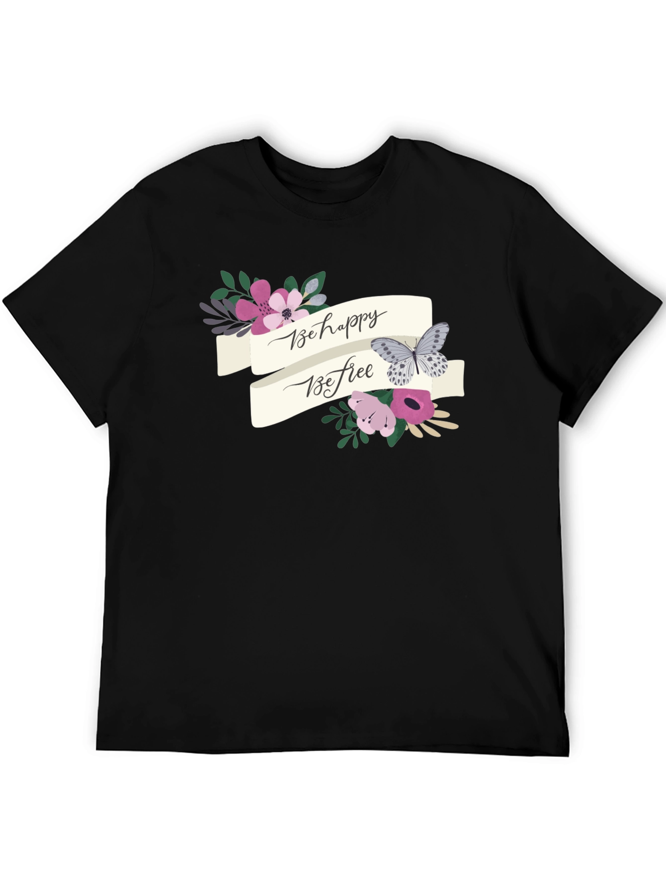 Be Happy Be Free Floral Butterfly Graphic Tee