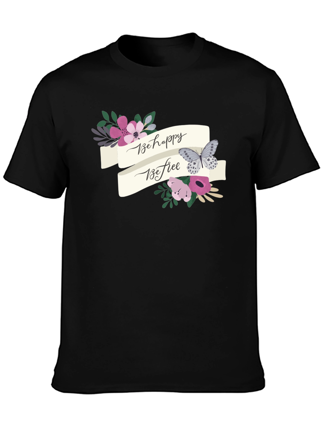 Be Happy Be Free Floral Butterfly Graphic Tee