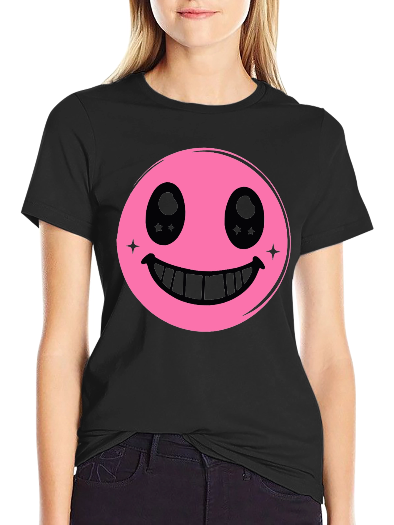 Pink Smiley Face Graphic Black T-Shirt