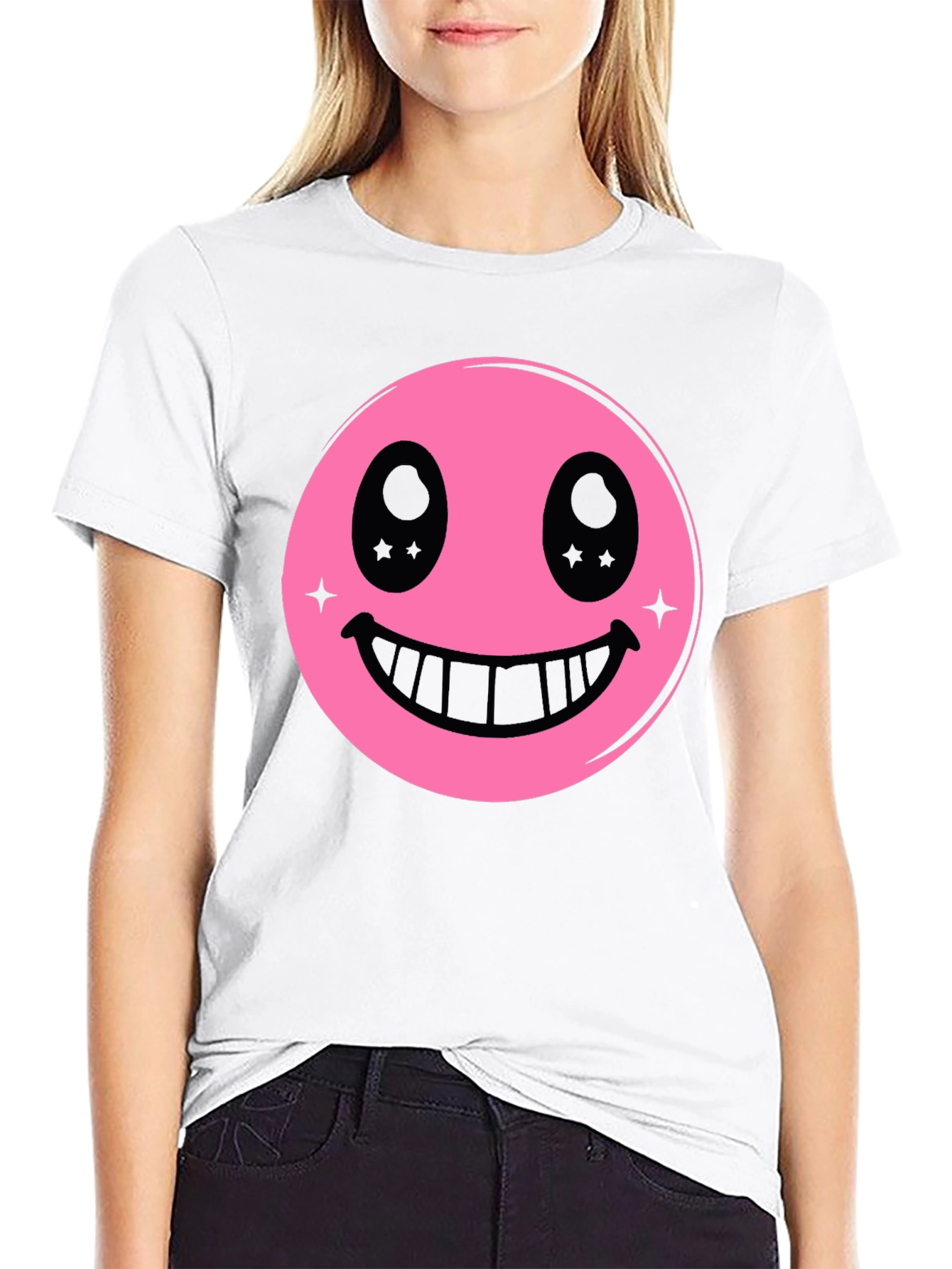 Pink Smiley Face Graphic Black T-Shirt
