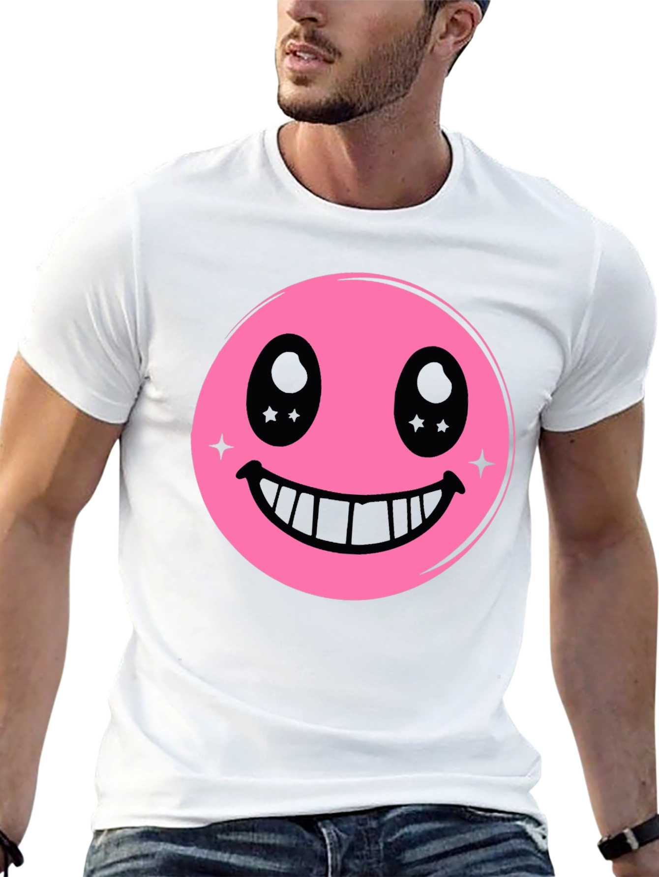 Pink Smiley Face Graphic Black T-Shirt