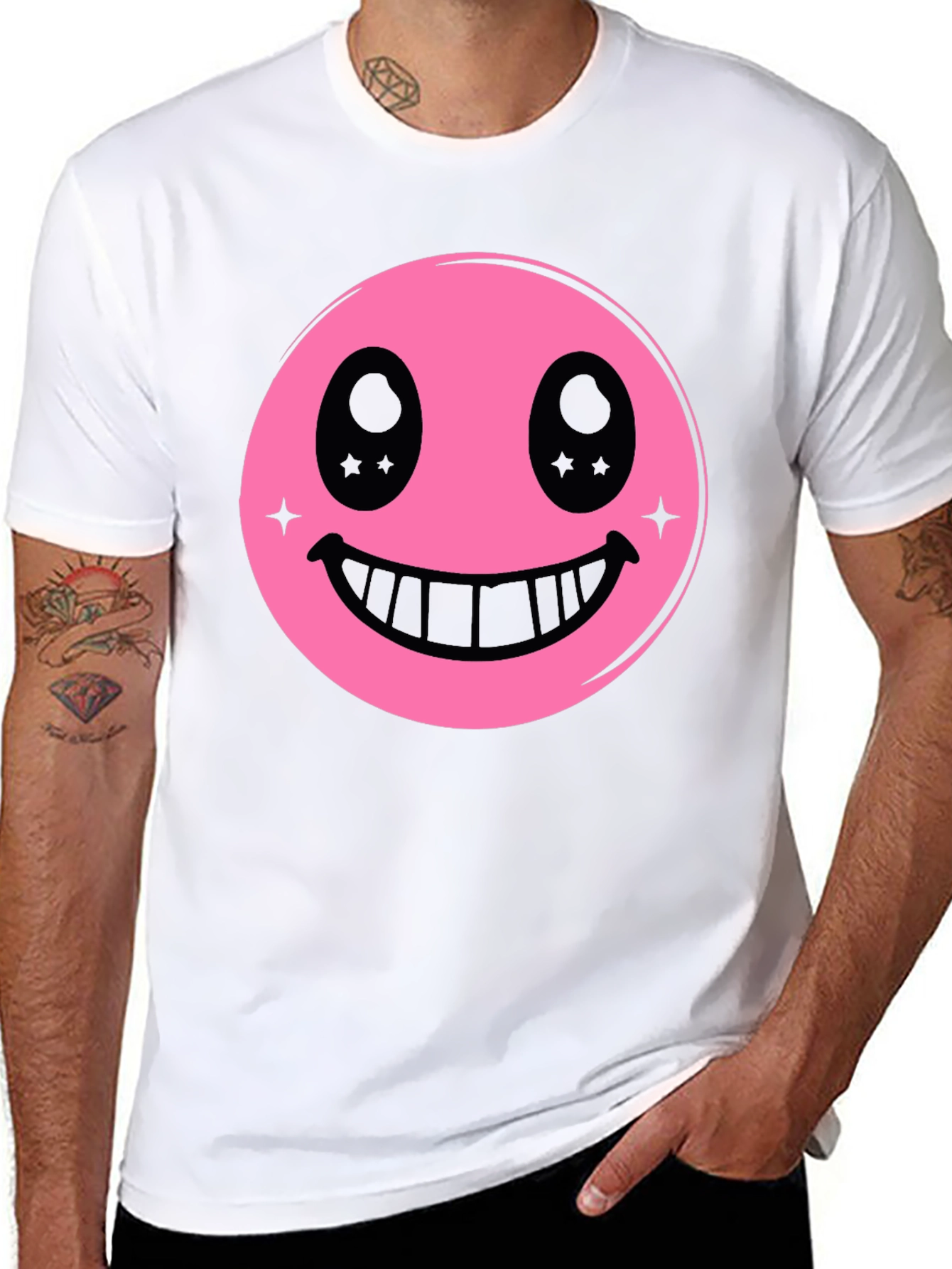 Pink Smiley Face Graphic Black T-Shirt