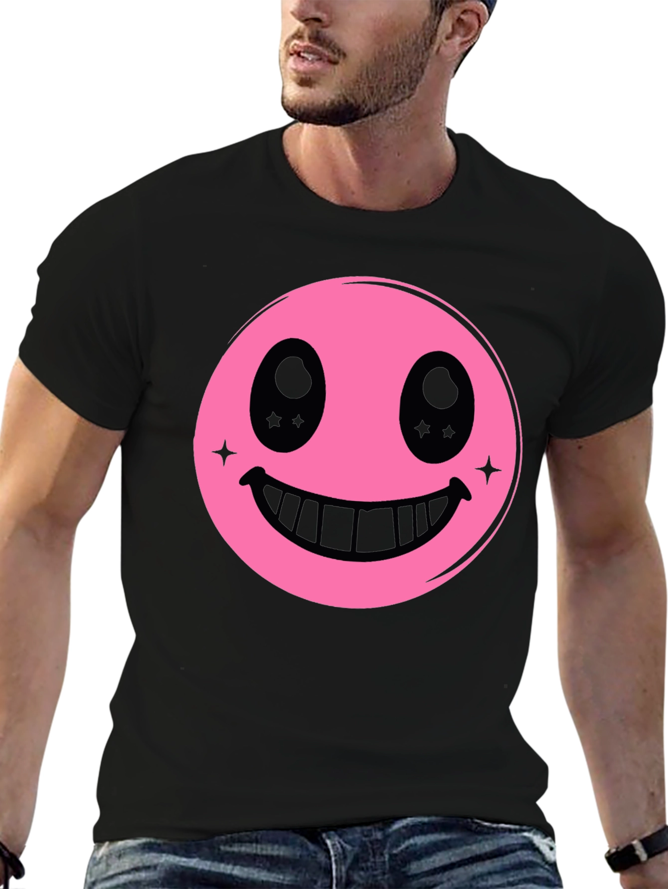 Pink Smiley Face Graphic Black T-Shirt