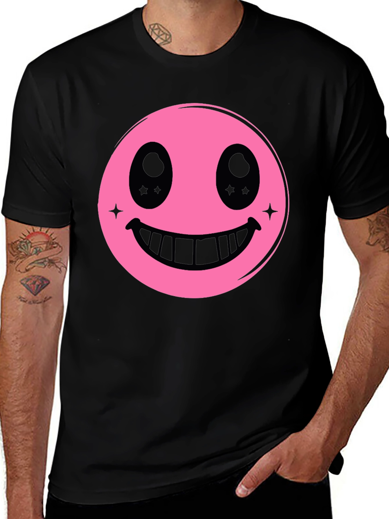 Pink Smiley Face Graphic Black T-Shirt