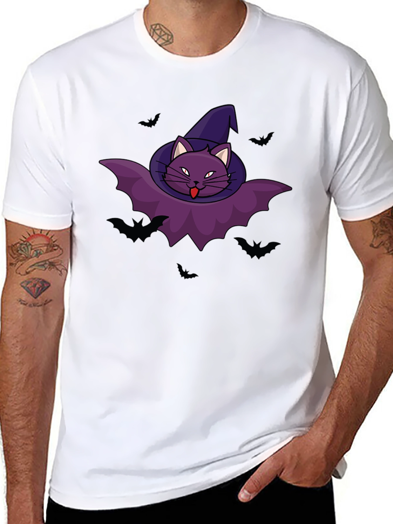 Halloween Cat Bat Graphic Tee