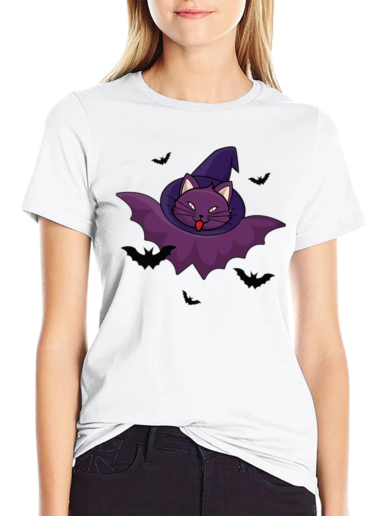 Halloween Cat Bat Graphic Tee
