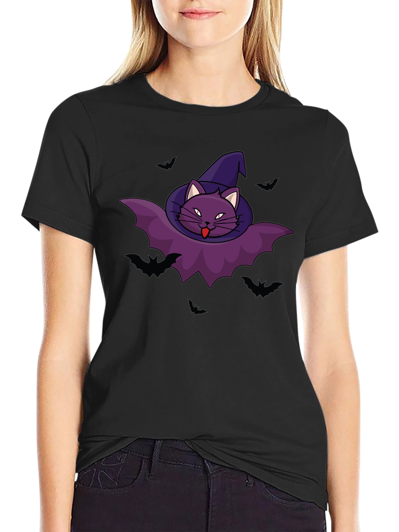Halloween Cat Bat Graphic Tee